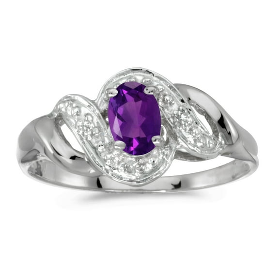 10k White Gold Oval Amethyst And Diamond Swirl Ring