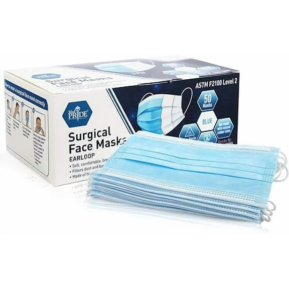 Med Pride Face Masks, 3-Ply Disposable Blue Face Mask, 50 Pack, Medical Grade Non-Woven Protective Masks