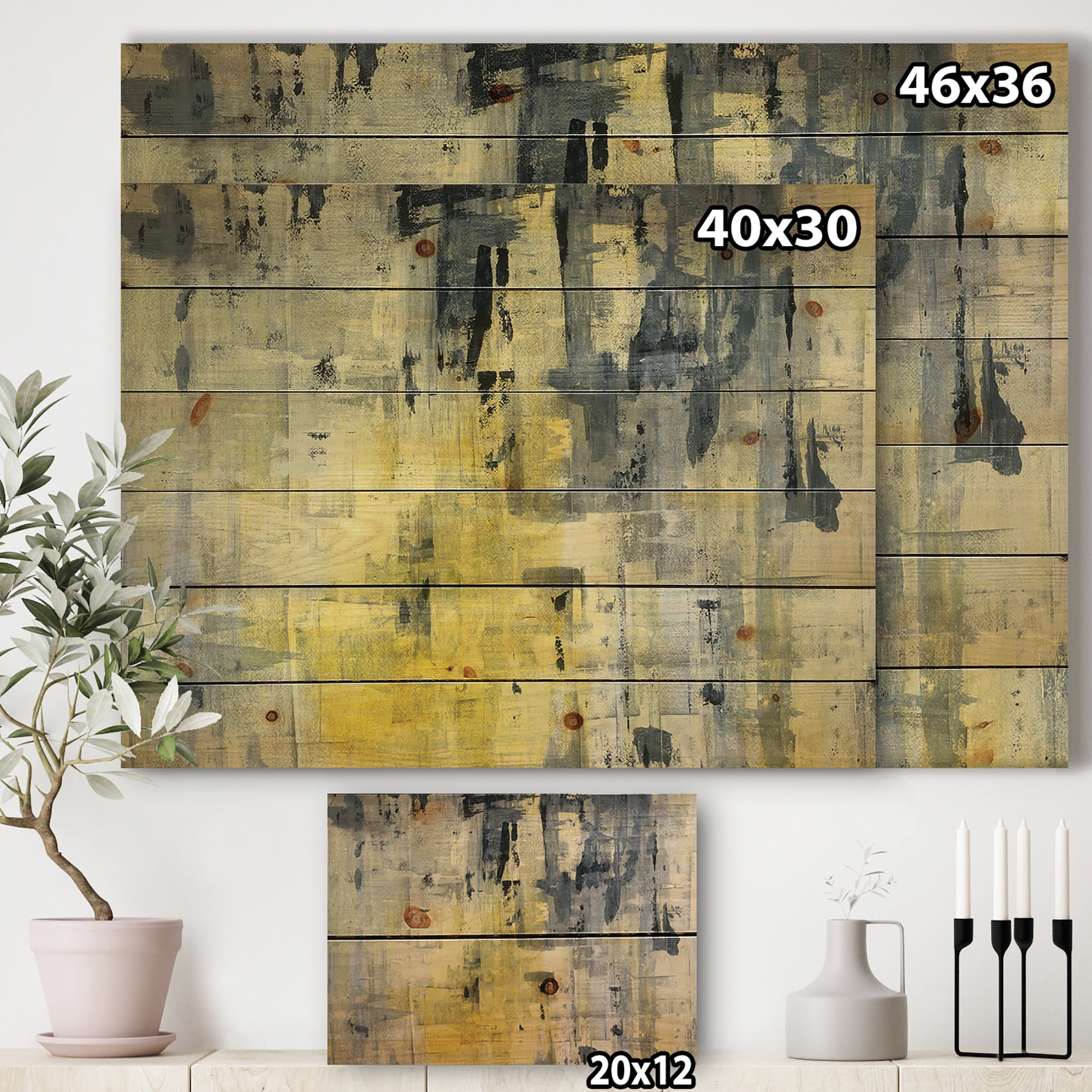 Designart 'Black and Yellow Element' Modern & Contemporary Print on Natural Pine Wood