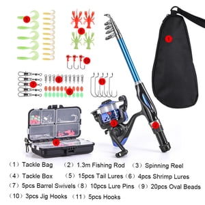 Fishing Rod Reel Combo Full Kit 1. Telescopic Fishing Rod Spinning Reel Set with Hooks Soft Lures Barrel Swivels Storage Bag