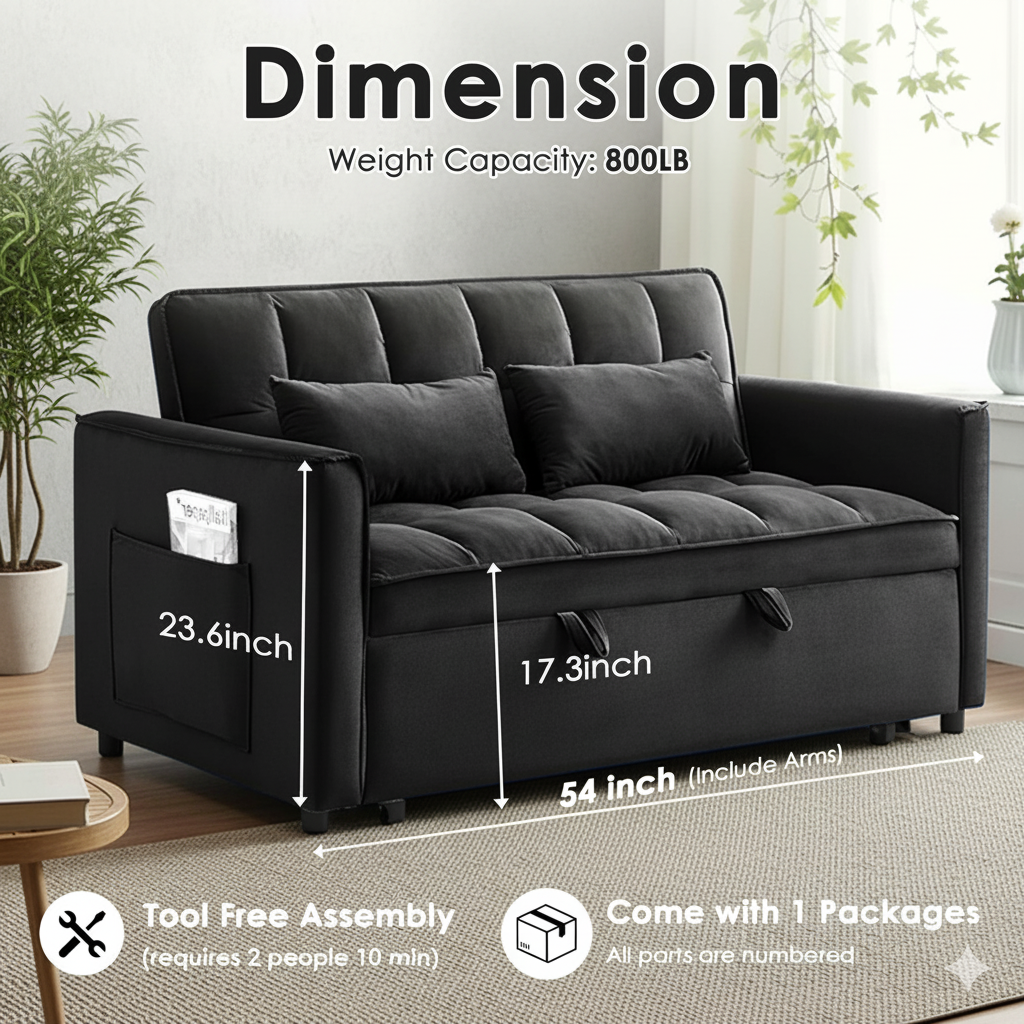 3 in 1 Sleeper Sofa Bed, 55" Convertible Pull Out Couch with Adjustable Backrest, Velvet Loveseat Sofa with Side Pockets for Living Room, Bedroom, Apartment, and Small Space (Black)