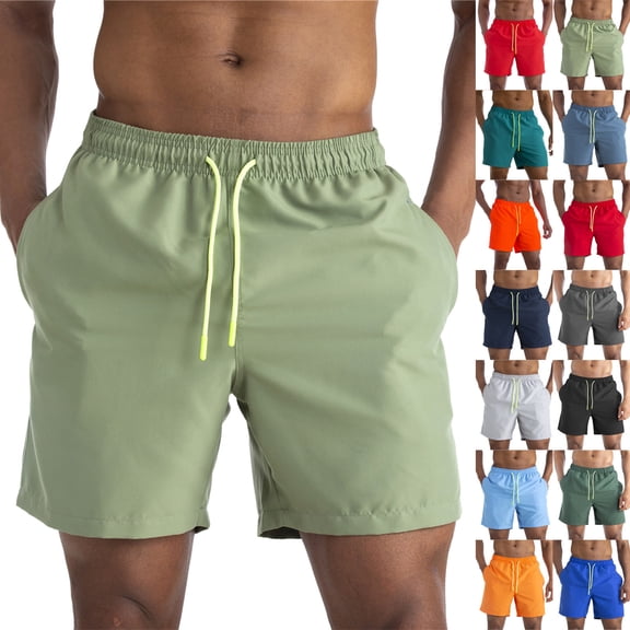 Mens Swim Trunks Men's Casual Color Beach Shorts Multi-Pocket Outdoor Swim Trunks with Drawstring Elastic Waist Quick-Dry 4 Inch Length Summer Pants for Vacation Travel Army Green L