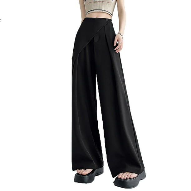 Pantalones casuales de pierna ancha para mujer - Pantalones de traje rectos de cintura alta - Material de poliéster - Para el trabajo, los negocios, el día a día - Cintura elástica en la parte trasera