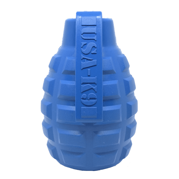 USA-K9 by SodaPup - Natural Rubber Grenade Chew Toy, Reward Toy, Tug Toy, Retrieving Toy and Treat Dispenser for Aggressive Chewers, Guaranteed Tough, Blue, Large