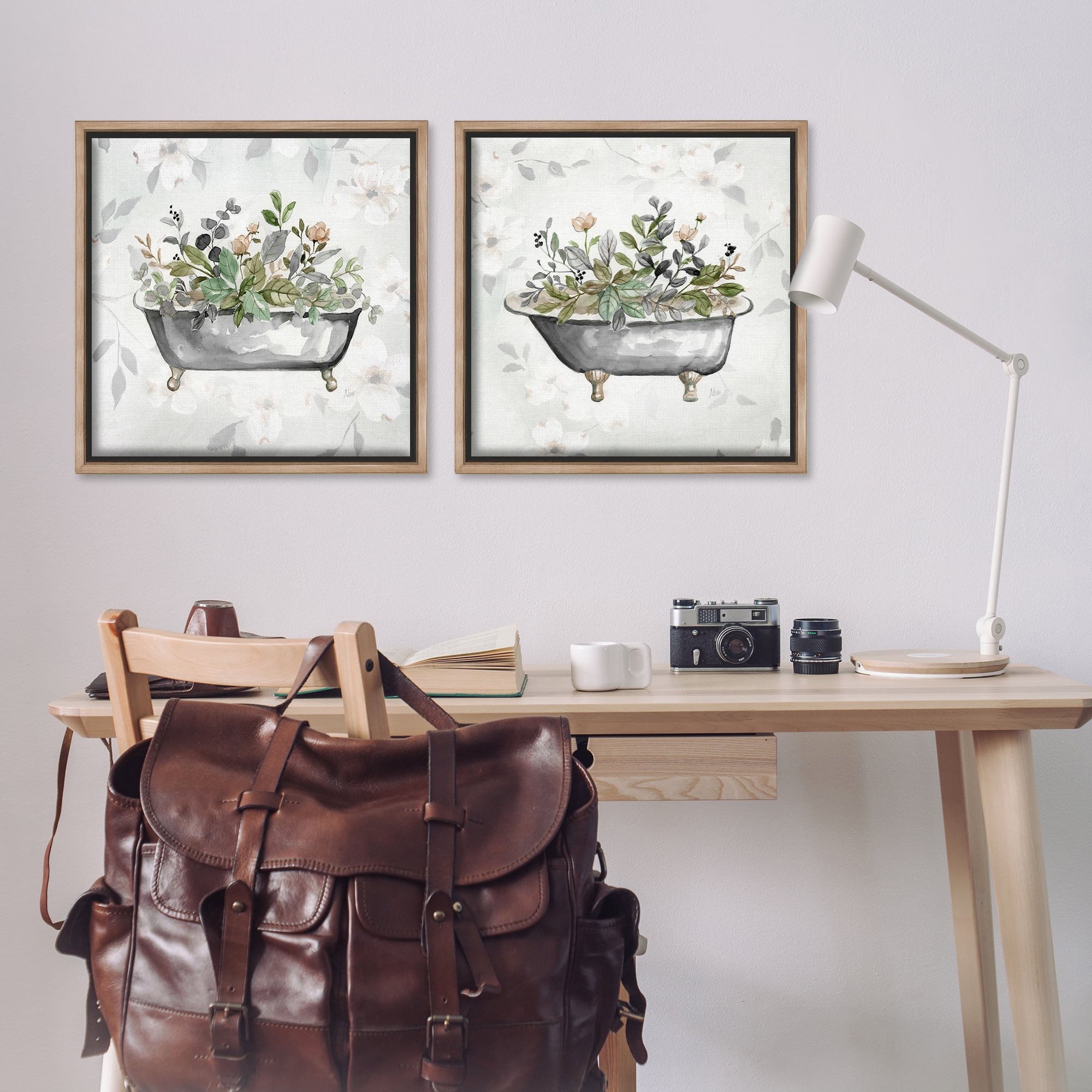 Stupell Industries Gray Muted Watercolor Flower Tub Bath & Laundry Painting Brown Floater Framed Canvas Art Print Wall Art, 25 x 25, Set of 2