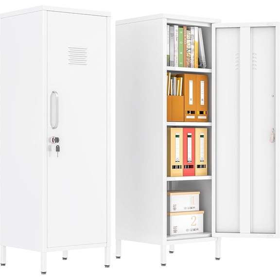 JESIN 47.24" Metal Storage Locker with Lockable, Employees Metal Steel Locker with 1 Door & 3 Adjustable Shelves, Small Locker Storage Cabinets for Home, School, Office, Gym (White)