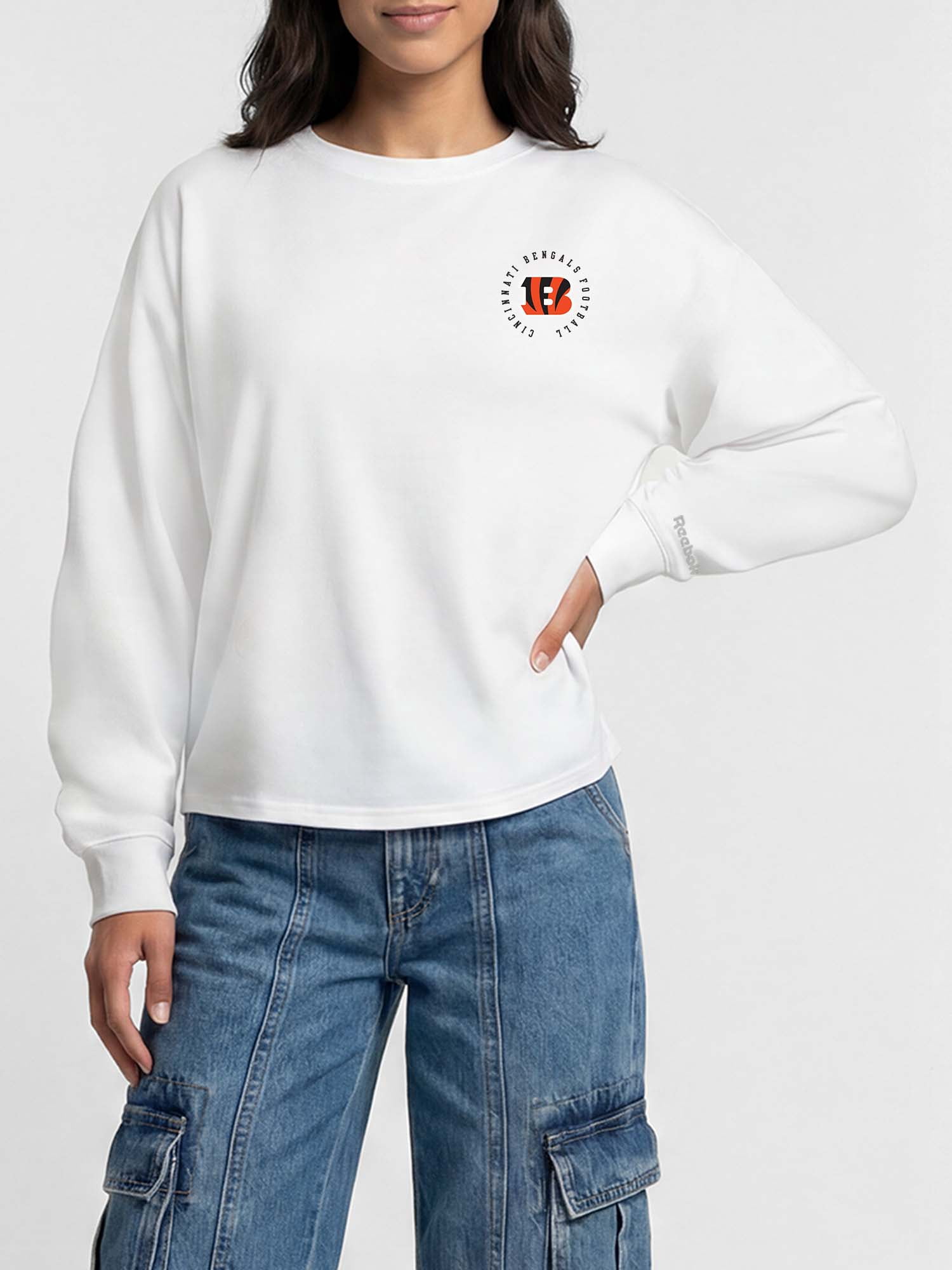 Cincinnati Bengals Reebok Womens White Heavyweight Cotton Long Sleeve Pullover