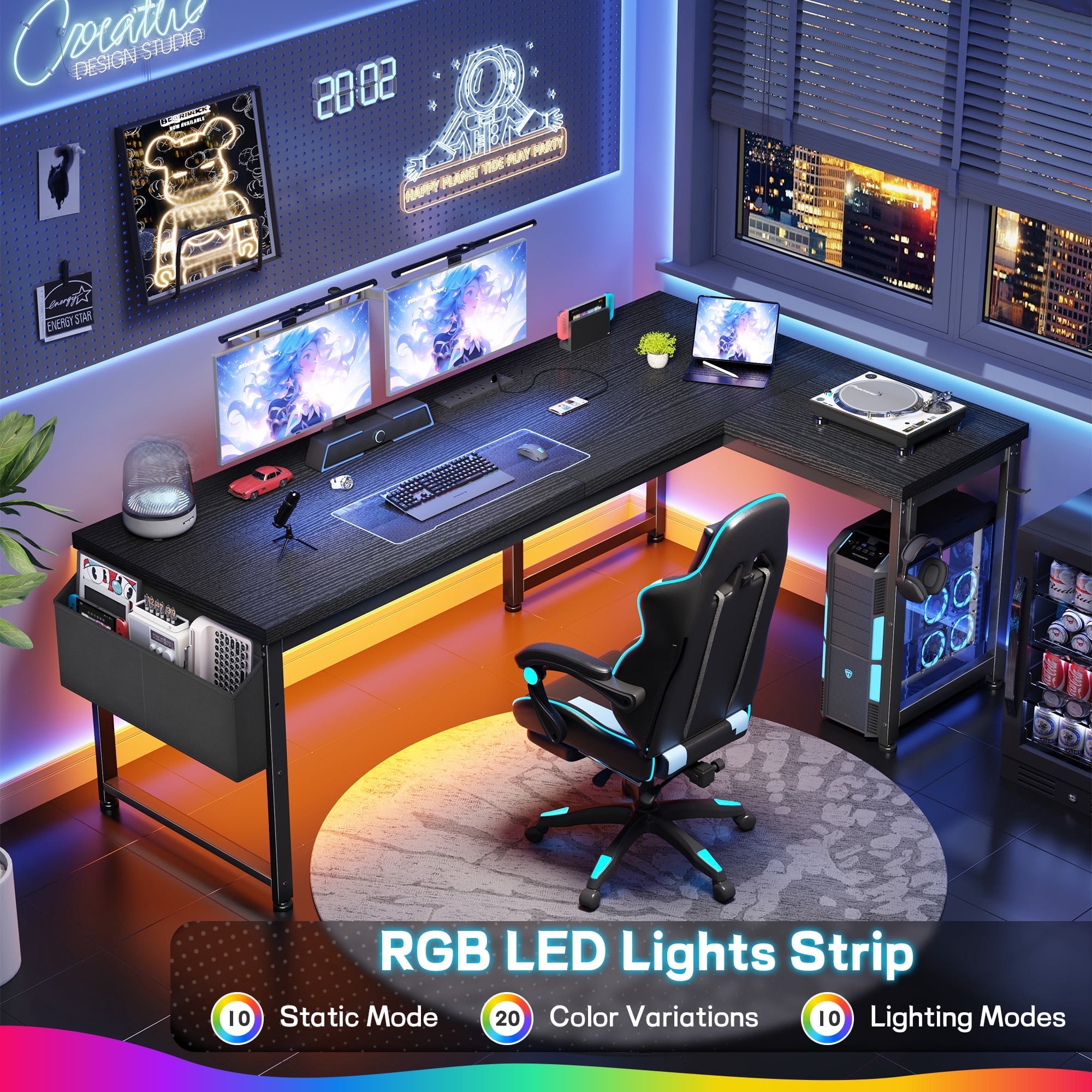 EnHomee L-Shaped Desk with Storage Reversible Gaming Desk with LED Lights Computer Desk with Storage Organizer,Black