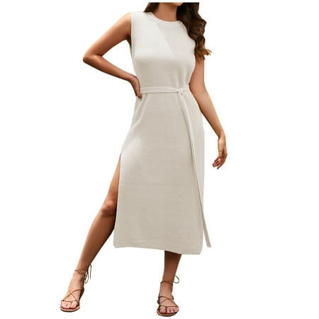 Lovskoo Sleeveless Sweater Dress for Women Mock Neck Knit Side Split Tank Maxi Sweater Dress White