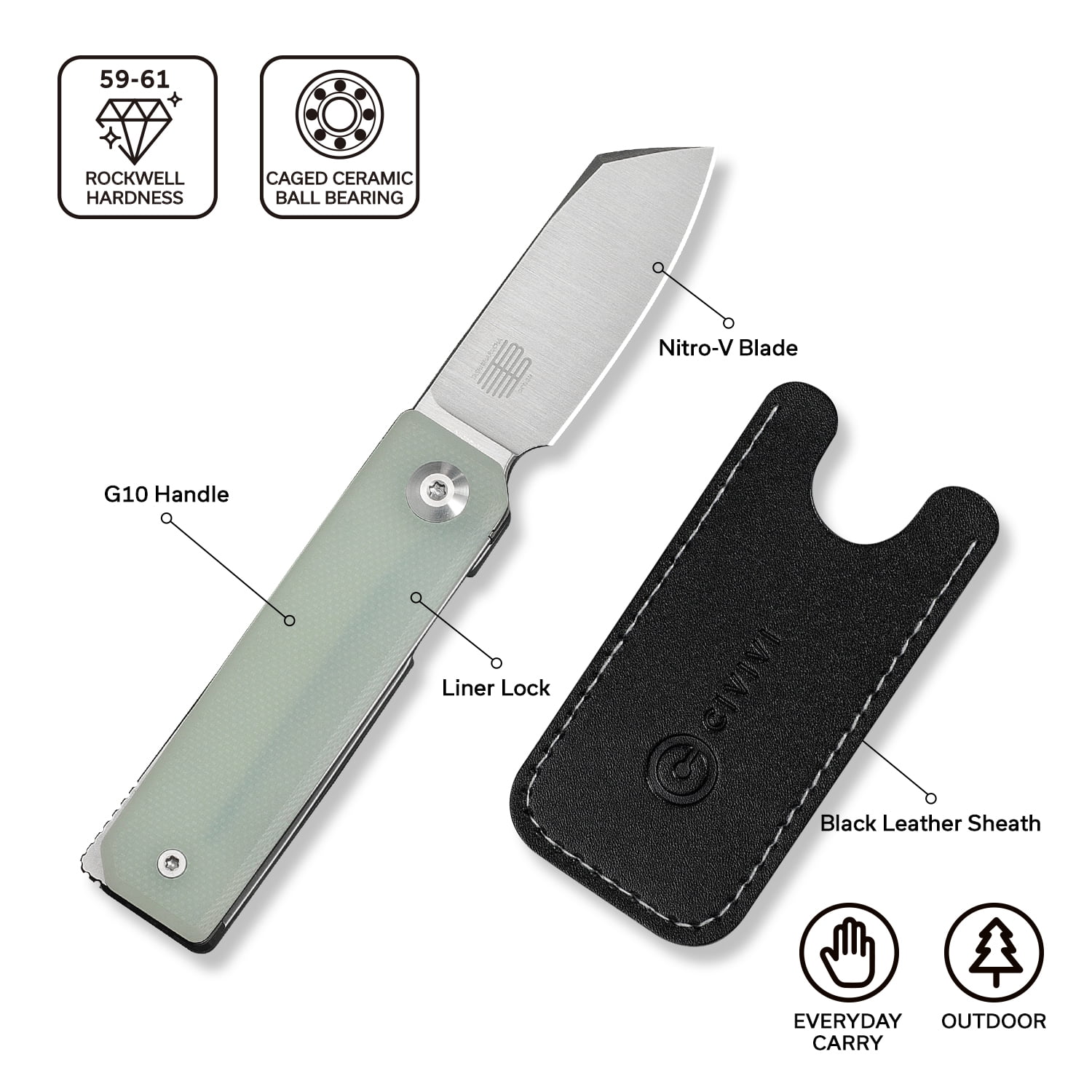 CIVIVI Kukei Small Pocket Knife Folding Knife with 2.02" Satin Finished Nitro-V Blade Natural G10 Handle C25036-2, With 1PC Black Leather Sheath