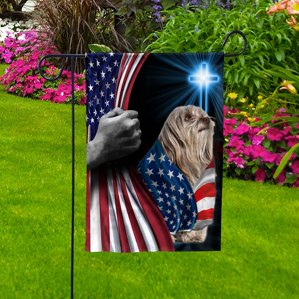 Hand Pulling USA Flag Shih Tzu Dog Wearing Flag American Standing under Cross Christian Patriotic House Flag (3x5) Double Sided- Premium Polyester-Decorative Indoor Outdoor Flag