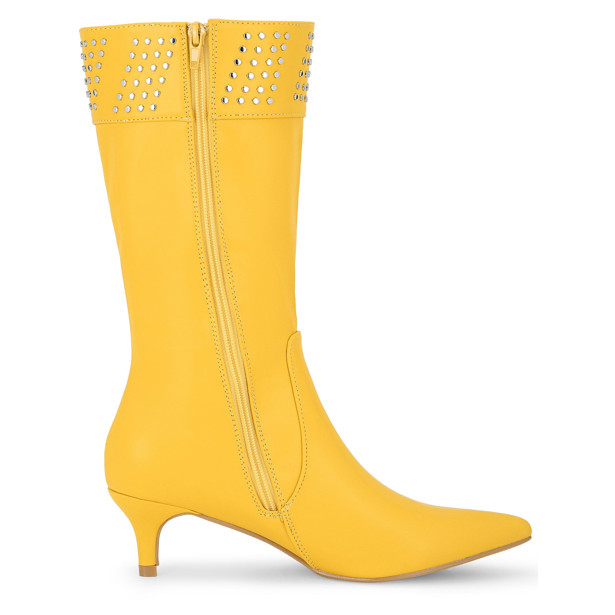 Unique Bargains Women s Pointed Toe Kitten Heels Knee High Boots Yellow Size 8.5