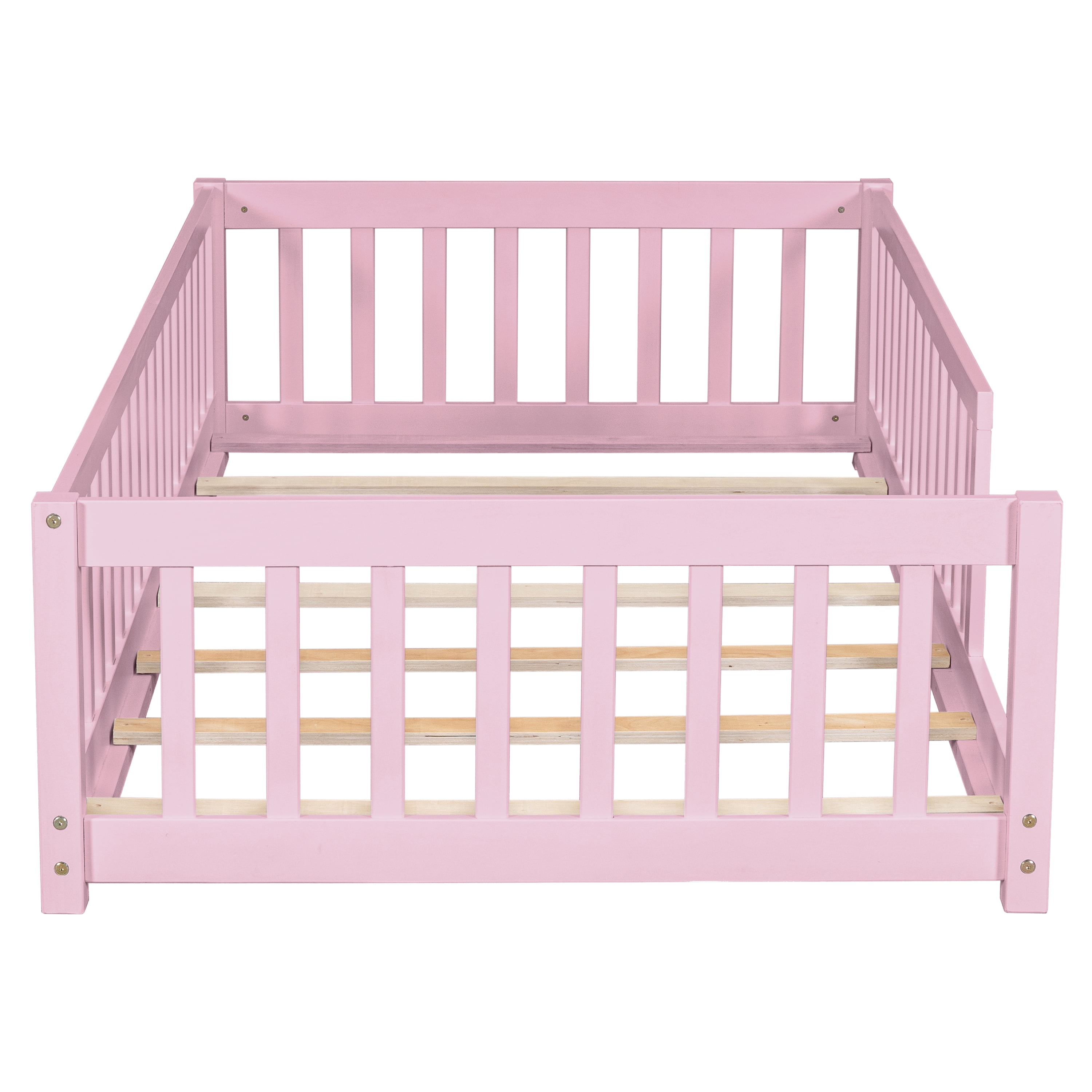 Miniyam Kids Floor Bed Frame with Rails, Montessori Platform Bed with Slats for Nursery, Pink