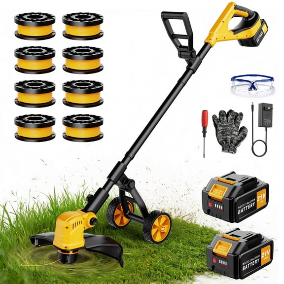Lemolifys 12-inch Cordless String Trimmer with Wheels, 21V Batterry and 8Pcs Line for Yard Garden