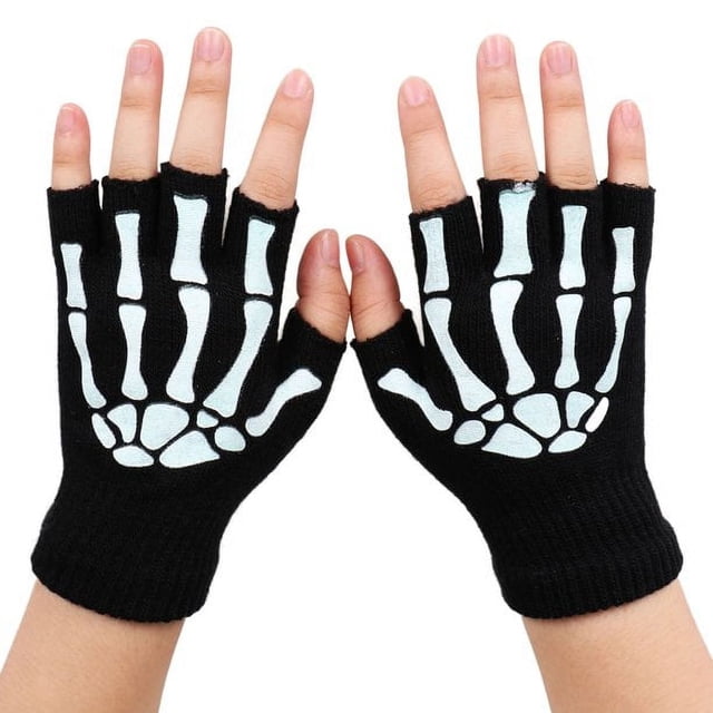 1 par de guantes de invierno negros sin dedos con diseño de esqueleto