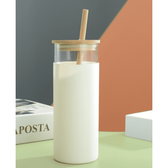 Glass Tumbler with Bamboo Lid, Glass Water Bottle with Silicone Protective Sleeve and 2 Straw Reusable Iced Coffee Cups, BPA Free 500ML
