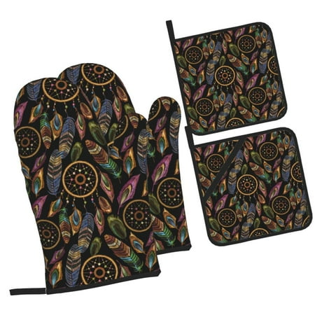 

Daiia Decorative Feathers Pattern Oven Mitts and Pot Holders 4 pcs Set High Heat Resistant 500 Degree Extra Thicken Long Kitchen Cotton Oven Glove