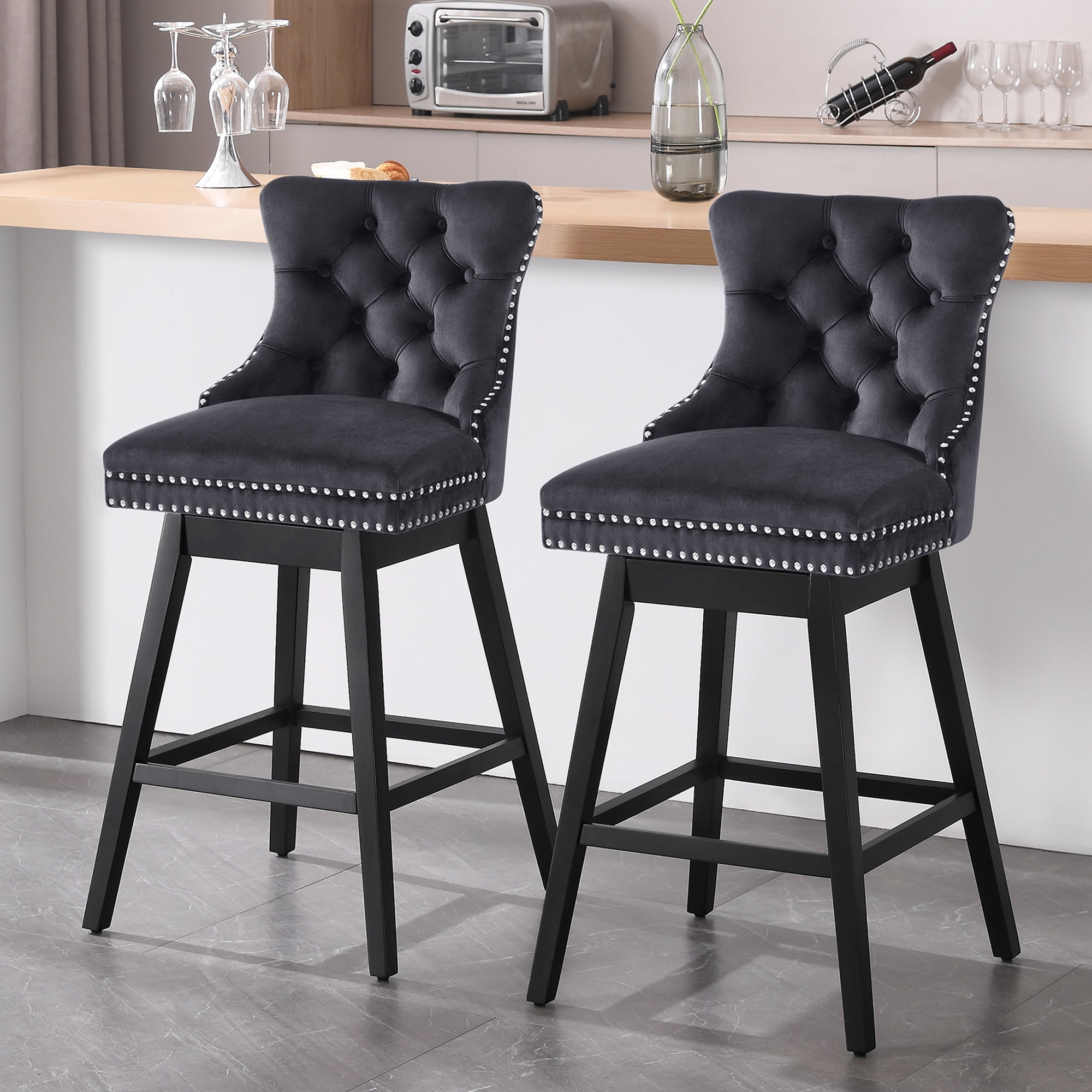Tewloss 26" Swivel Bar Stools Set of 2 Velvet Counter Height Chairs for Home Kitchen Dining, Black