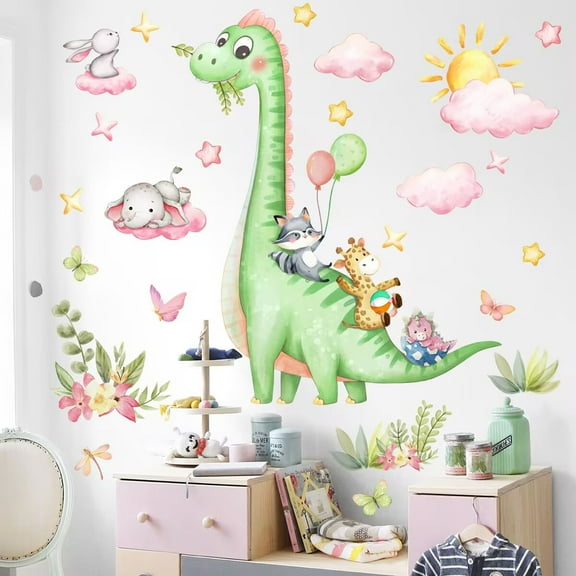 Pink Dinosaur Wall Decals Dinosaur Wall Stickers Removable, Self-Adhesive DIY Peel & Stick Dino Wall Decal for Girls Baby Nursery Bedroom Living Room