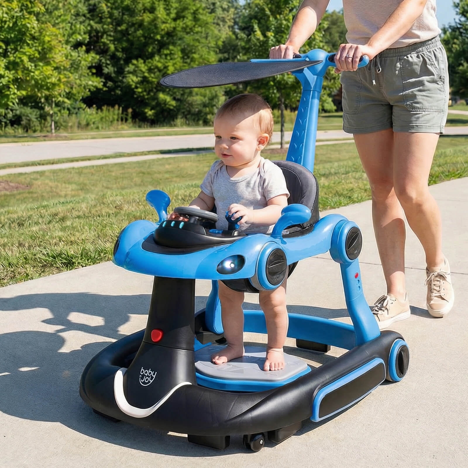Babyjoy 6-in-1 Baby Walker with Canopy, Music, Lights, Speed/Height Adjustment & Wheels Blue + Black