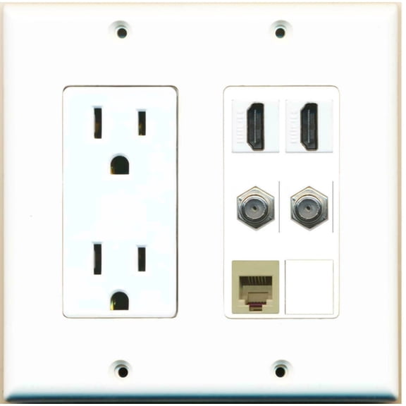 Ultra Spec Cables 2 Gang 15 Amp Duplex Power Outlet 2 HDMI 1.4 - 2 Coax Cable TV Phone Wall Plate
