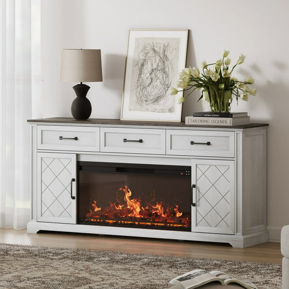 BELLEZE 68 Inch Farmhouse TV Stand with 36" Electric Fireplace, Entertainment Center with Storage Cabinets & 3 Drawers for TVs up to 75", Media Console for Living Room & Bedroom (White)