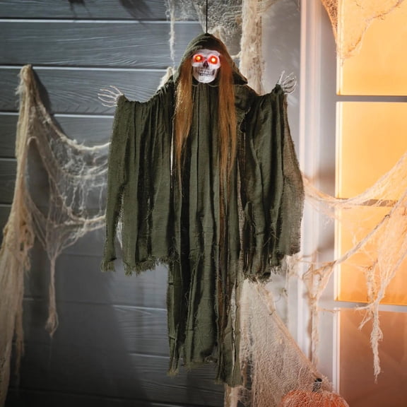 35 1/2" Light-Up Hanging Long Hair Skeleton Reaper Halloween Decoration