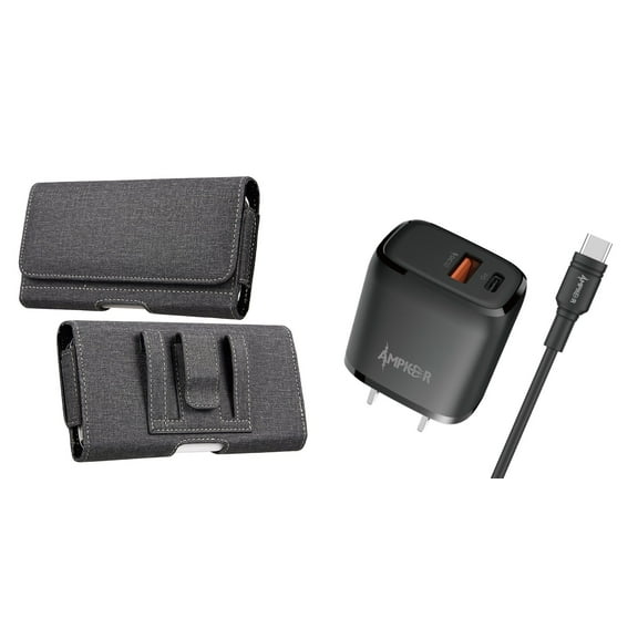 Holster and Power Adapter Bundle for Nuu X6 Plus: Horizontal Belt Pouch Case Nylon Fabric (Grey) and 38W Dual USB Port (Type-C PD / USB-A) Wall Charger