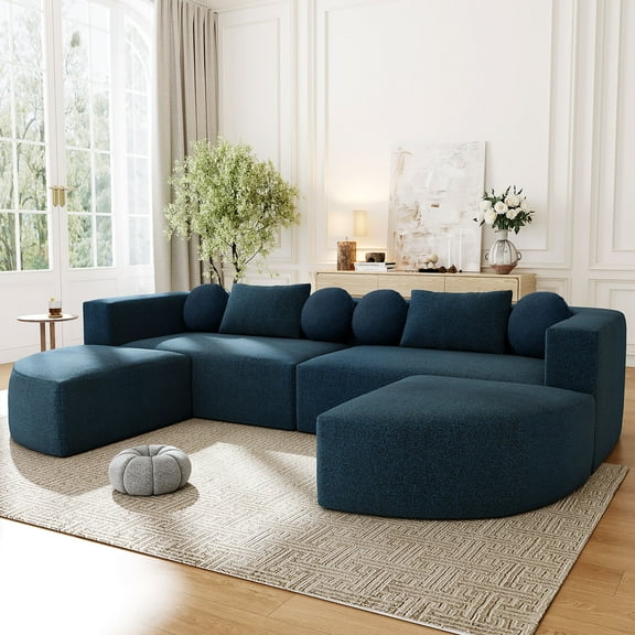 Boneless Couch Modular Sectional Sofa 114.9" Free-combined Sofa Couch Sofa Bed Compression Sofa with Deep Seating and Curved Design for Living Room, Blue