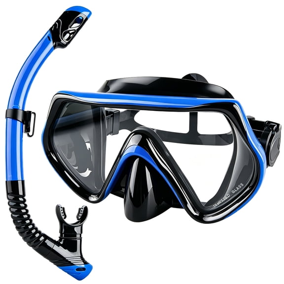 Zacenei Dry Snorkel Set for Adults Youth,Panoramic Wide View Snorkel Goggles Anti-Fog Scuba Diving Mask Anti-Leak Swim Goggles,Professional Snorkeling Gear for Diving,Freediving,Swimming, Black Blue