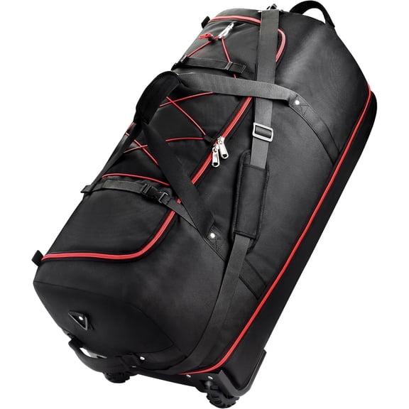 Rolling Duffle Bag with Wheels,110L/140L Expandable Soft-Sided Foldable Duffle Bag with 2 Rubber Wheels,Packable 32” Rolling Carry-On with Pockets & Compartments(Black red)