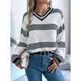 thumbnail image 6 of Womens Oversized Striped Tunic Sweaters Casual V Neck Long Sleeve Color Block Knit Pullover Jumper Tops White S, 6 of 8