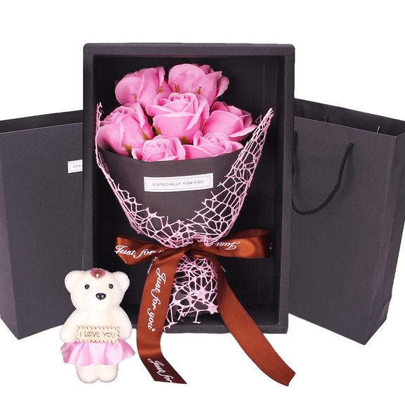 7-rose Red Rose Bouquet Gift Set with Teddy Bear for Valentine's Day