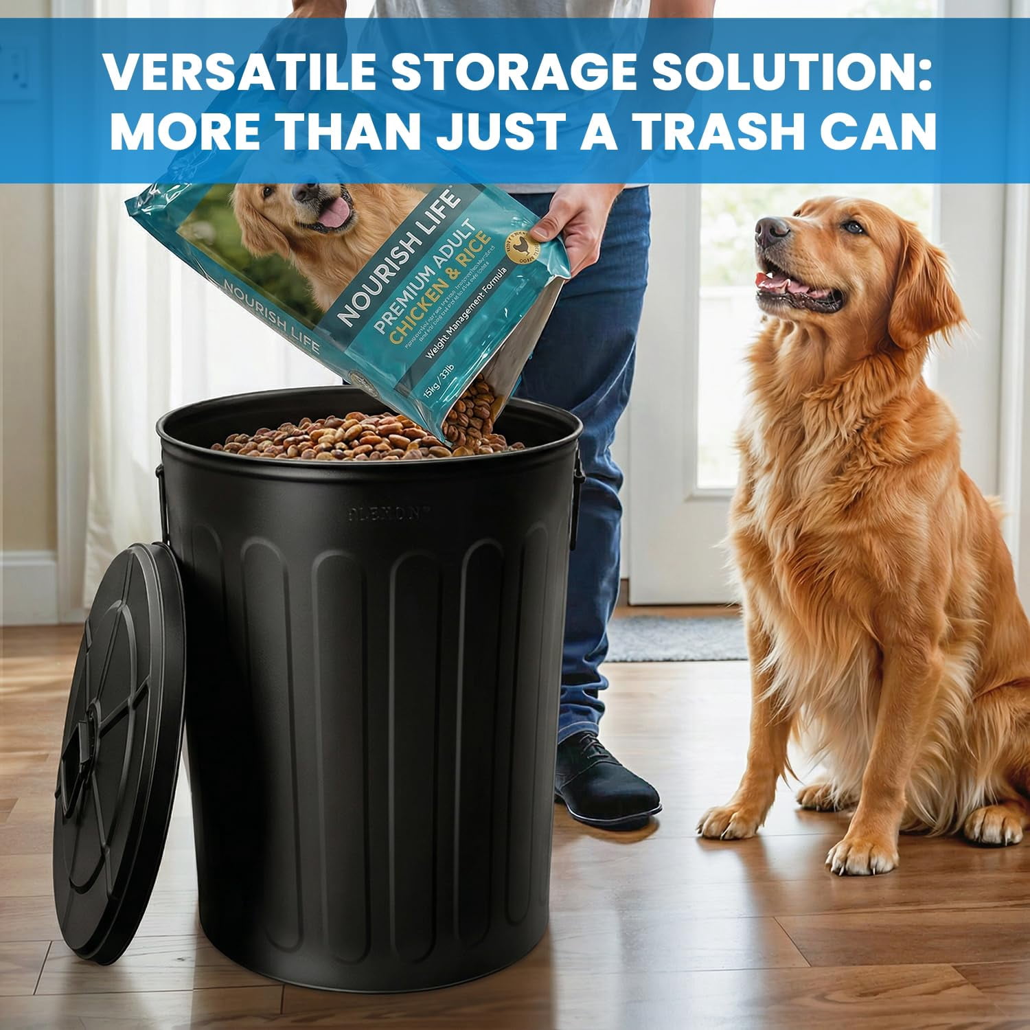 GGsum 20 Gallon Metal Trash Can with Lid Outdoor Large Trash Bin Steel Garbage Can for Garage Patio Farmhouse Bucket Bird Seed Storage Can Heavy Duty Round Container, Black