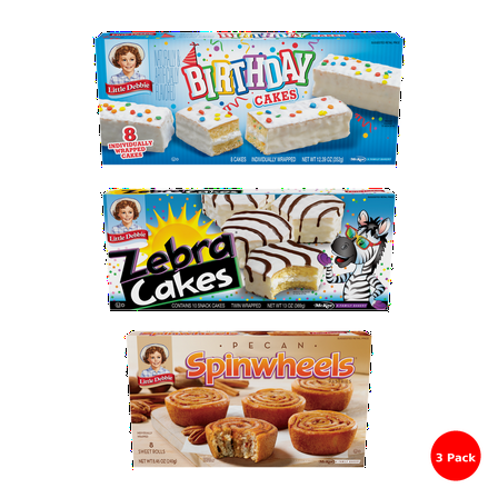 Little Debbie Snack Cake Combo (3 Pack) – Pecan Spinwheels - 8 Sweet Rolls , Zebra Cake Rolls - 6 Cake Rolls, Birthday Cake Creme Pies - 8 Sandwich Cookies (All Individually Wrapped)