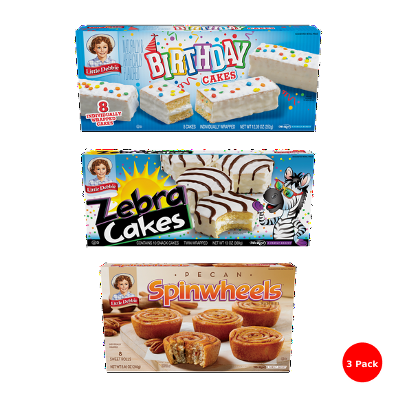 Little Debbie Snack Cake Combo (3 Pack) – Pecan Spinwheels - 8 Sweet Rolls , Zebra Cake Rolls - 6 Cake Rolls, Birthday Cake Creme Pies - 8 Sandwich Cookies (All Individually Wrapped)
