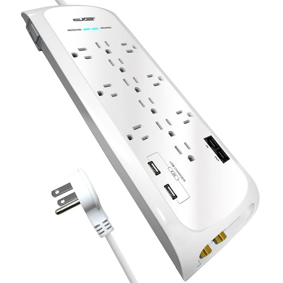 Digital Energy 12 Outlet 4200 Joules Surge Protector Power Strip with 2 USB (4.2A) Ports, 6 Foot 14/3 AWG Cord, Coax/Phone/Ethernet Protection, 6 Wide Spaced Outlets - White