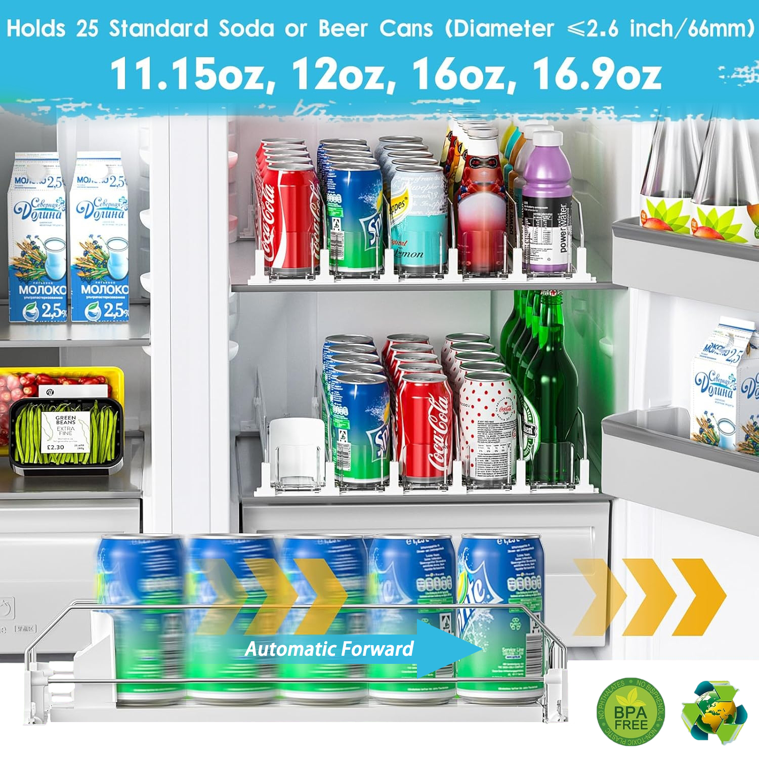 YUSS Drink Organizer for Fridge Soda Can Dispenser for Refrigerator, Automatic Drink Dispenser for Fridge Holds up to 25 Cans,Self Pushing, 5 Pack,White