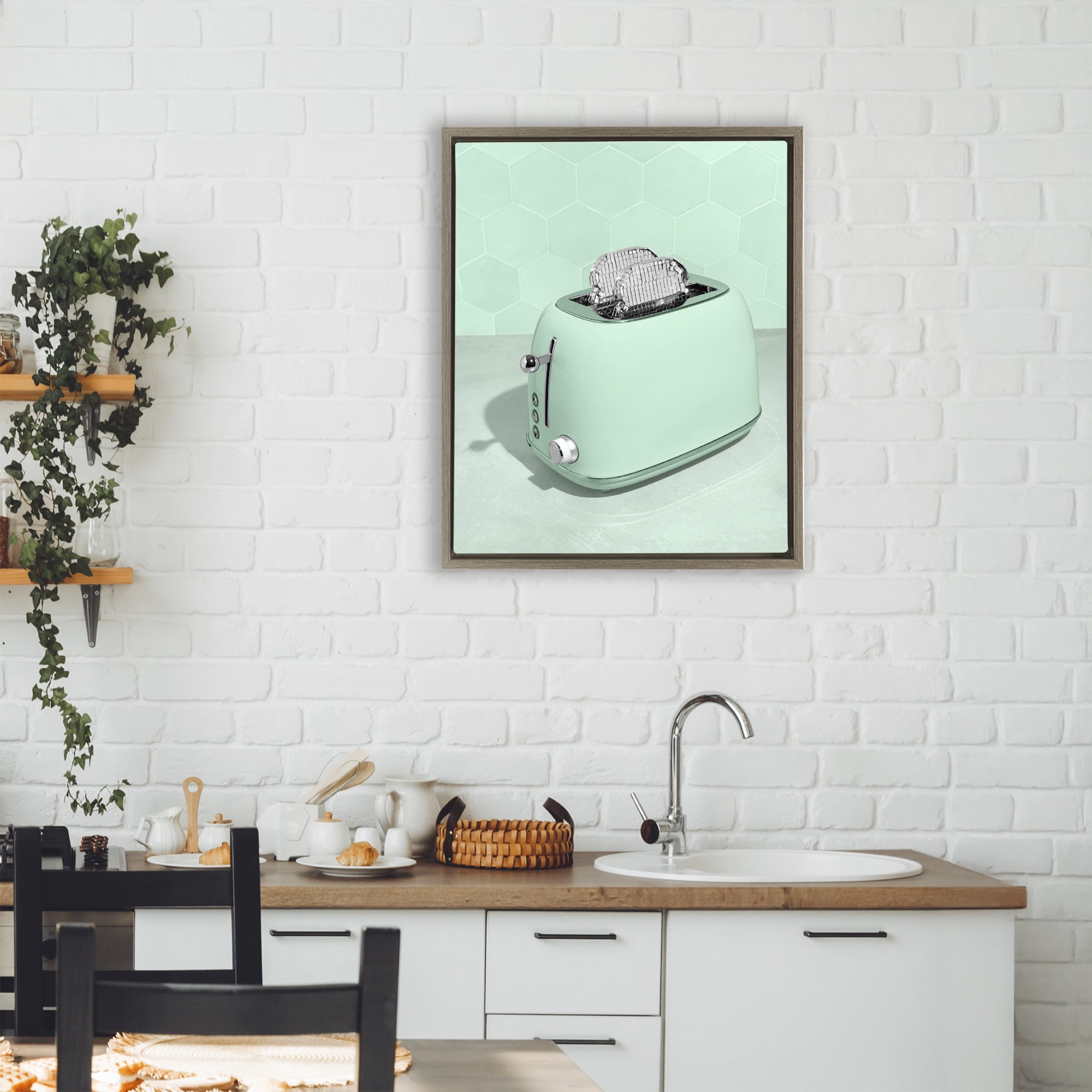 Stupell Industries Disco Toaster Over Green Brown Framed Floater Canvas Wall Art, design by LISH Creative