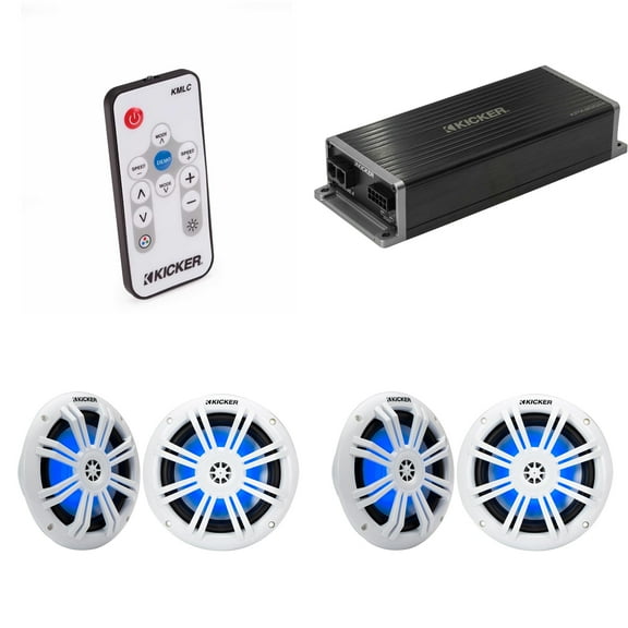 Kicker Marine KPX300.4 Powersports Amp & (2) 6.5" White Marine LED Speakers ( Includes LED Remote )