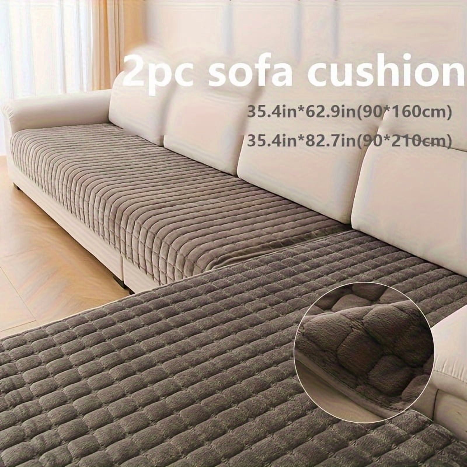 2PCS Quilted Flannel Velvet Sofa Cover, 35"x63"+35"x82" Size, Non Slip Fuzzy Pet Couch Covers for 3 / 4 Cushion Sofa Slipcovers Cushion Protector - Khaki