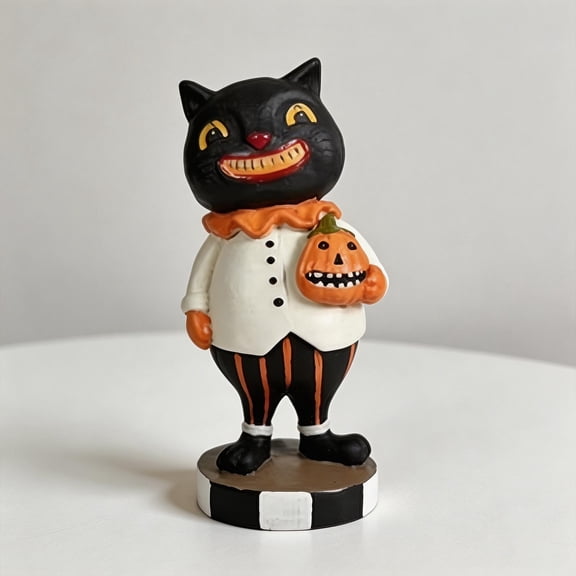 OutmaxHome Vintage Black Cat Halloween Resin Figurine, Retro Spooky Black Cat Statue Holding Pumpkin, Tabletop Ornament for Farmhouse Indoor Halloween Mantel & Shelf Decoration