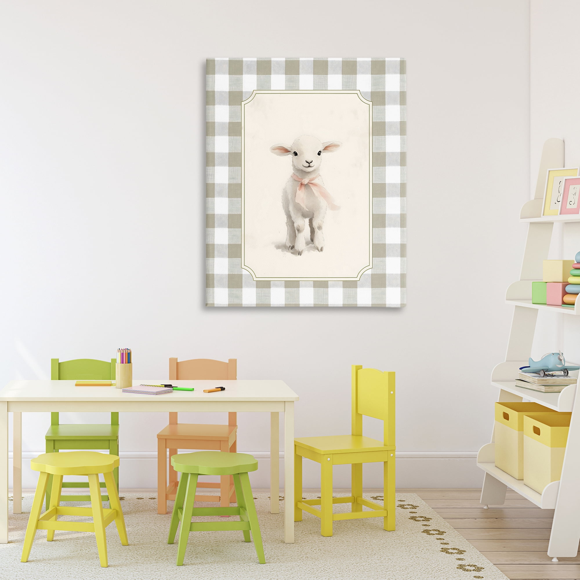Stupell Industries Gingham Lamb with Pink Ribbon Canvas Wall Art, design by Arlington Prints
