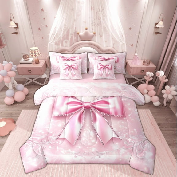 Manfei Princess Bow-tie Child Twin Bedding Sets 7-Piece, Dreamy Cartoon Bowknot Bedding Comforter Set, Glitter Stars Print Reversible Sheet Sets, Breathable Home Decor