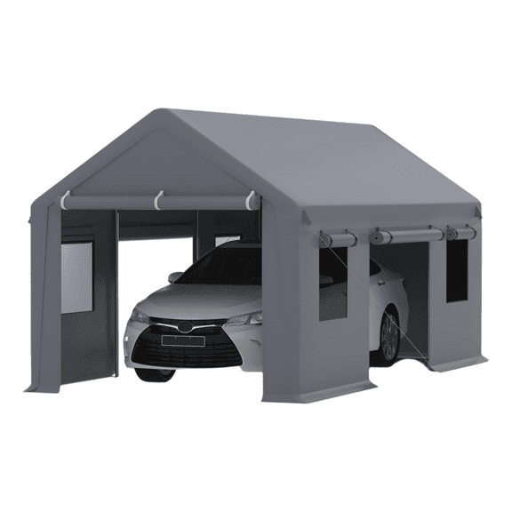 Carport 10'x20' Heavy Duty Canopy, 1.0 mm Steel Poles & 14 mil PE Tarp, with Front & Rear Doors, 2 Side Doors, and 4 Windows Screen, Portable Garage for Pickup Truck, and Boat, Gray