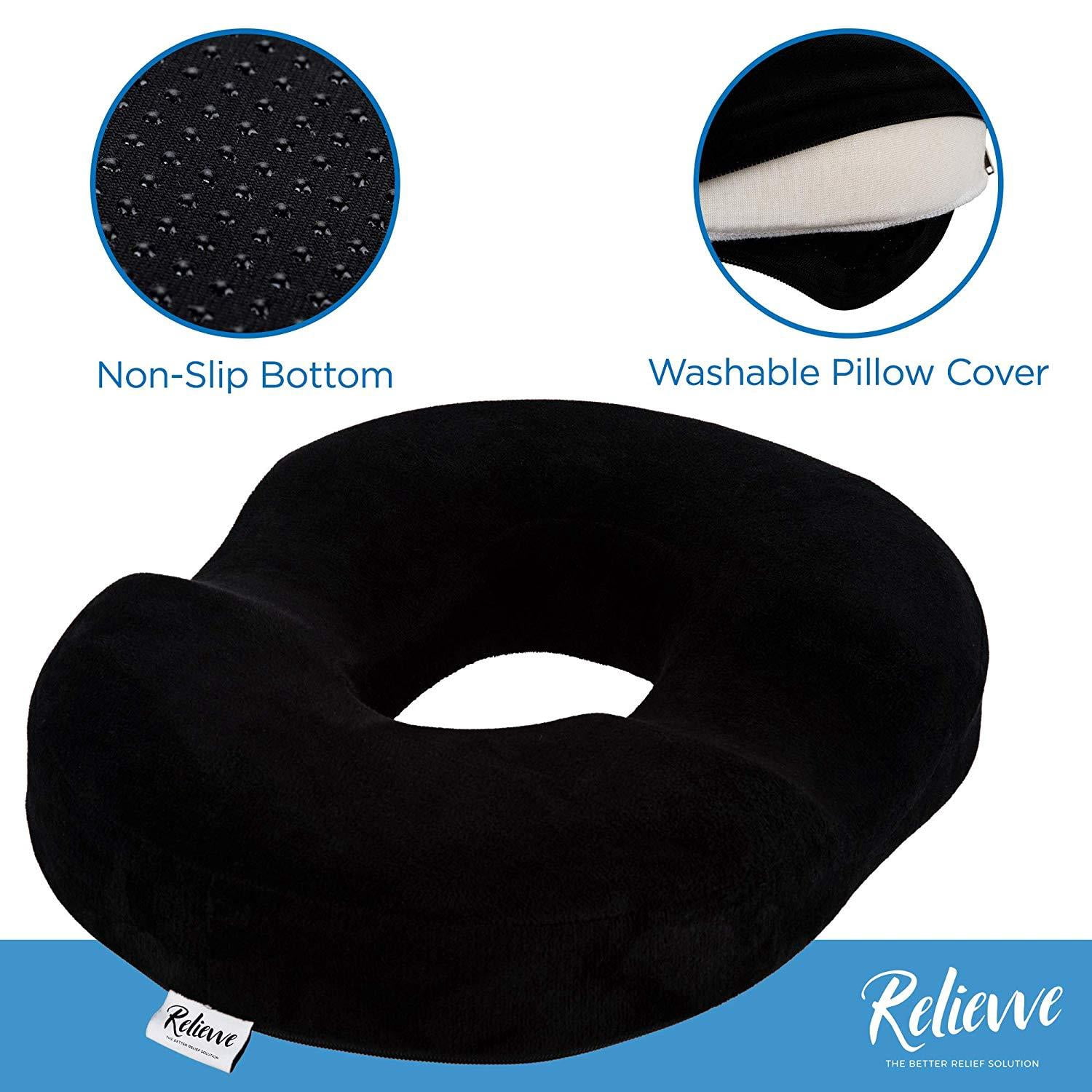 RELIEVVE Donut Pillow Pain Relief Cushion Tailbone Pillow for Hemmoroid Treatment, Prostate, Bed Sores, Pregnancy, Post Natal & More. Ultra Comfort Memory Foam.