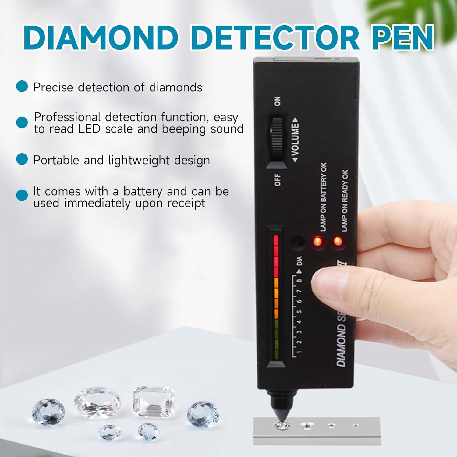 Portable Electronic Diamond Tester Pen, Professional Moissan Diamonds Tester High Accuracy Electronic Jewelry Detector for Jade Crystal Ruby Sapphire Agate Multi Gemstone Precious Includes Battery