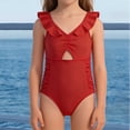 thumbnail image 6 of Huowey Baby Girls Onepiece Swimsuit Ruffles Trim V-Neck Fashionable Hollow Out Ruched Solid Color High Waist Casual Tankini Bathing Suit Tummy Control Summer Stylish Beachwear Swimwear,Red,7-8 Years, 6 of 9