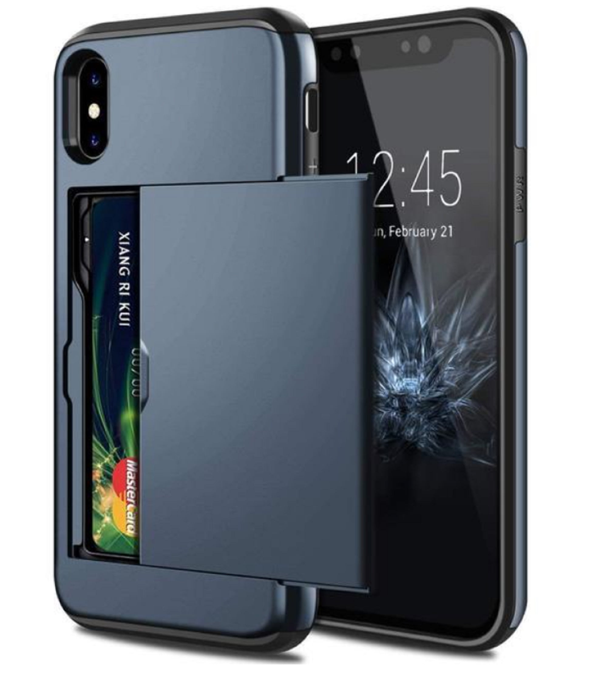 Card Holder iPhone XR Case (Blue) Dual Layer Shockproof Wallet with