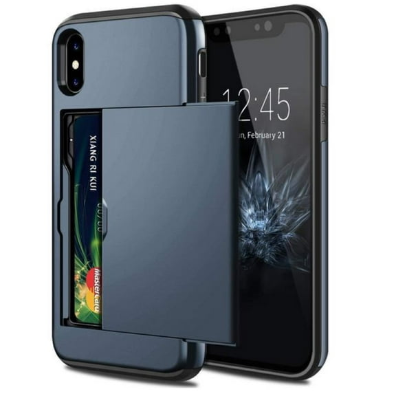 Card Slot Holder Wallet iPhone XR Case - (Blue) Dual Layer Shockproof with Heavy Duty Protection